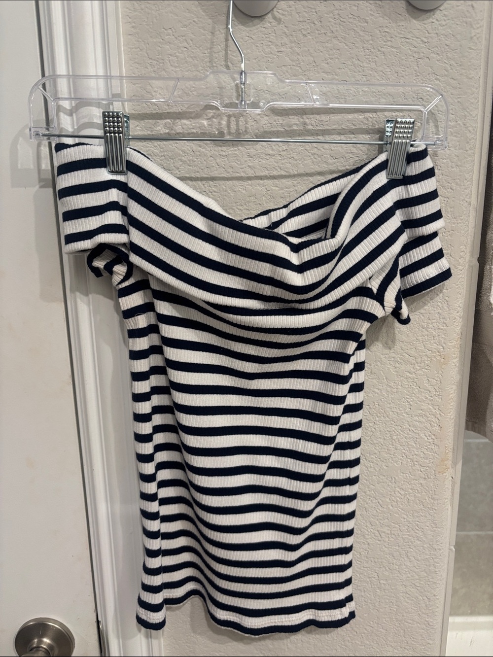 Striped Off-Shoulder Ribbed Knit Top - Navy & White